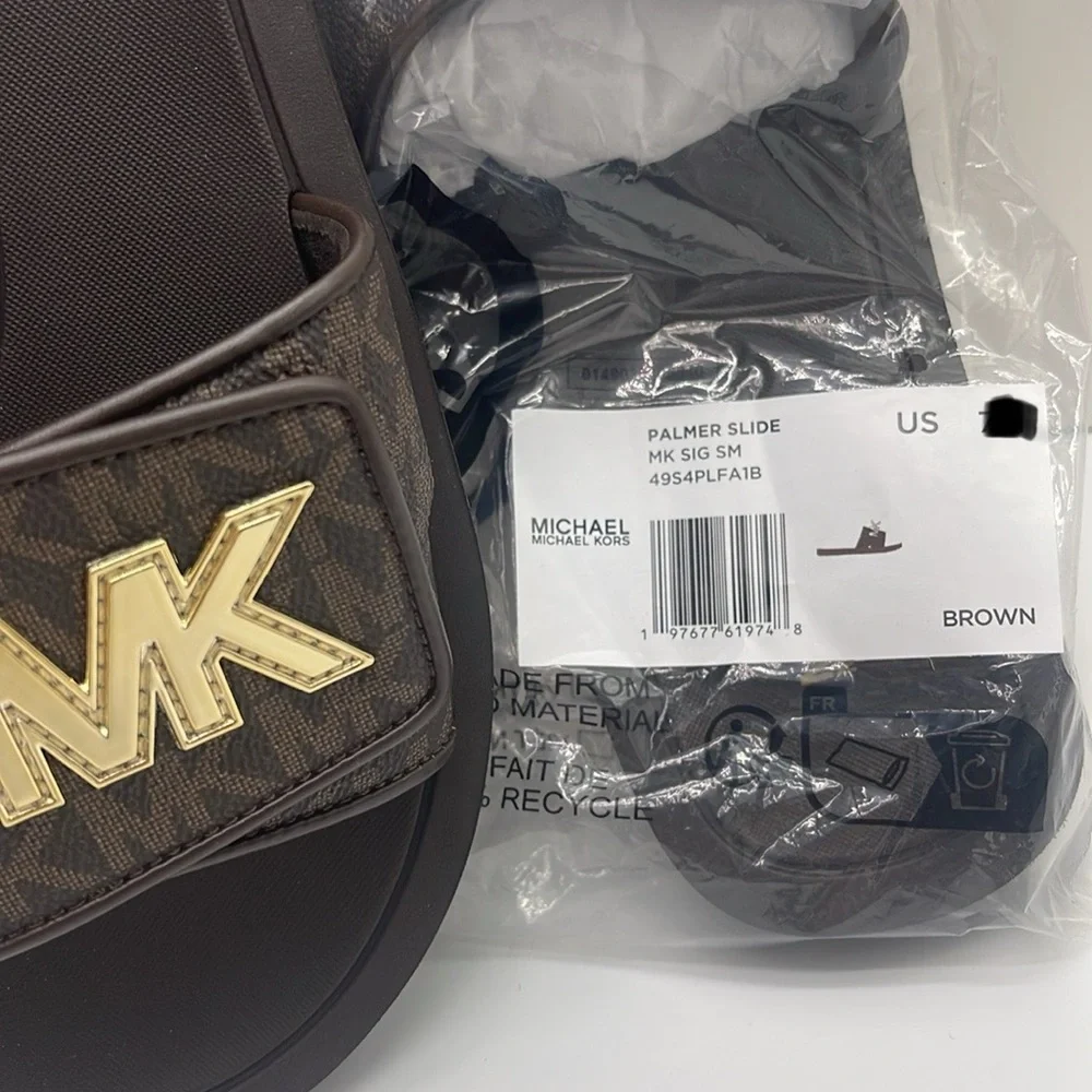 MICHAEL KORS Palmer Signature Logo Slide Sandal Brown  NWT